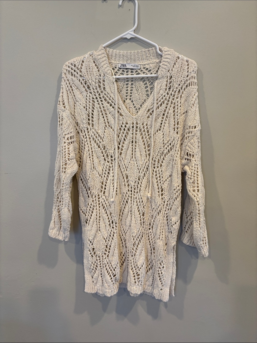 Zara Ivory Open-Knit V-Neck Sweater with Tassel Ties